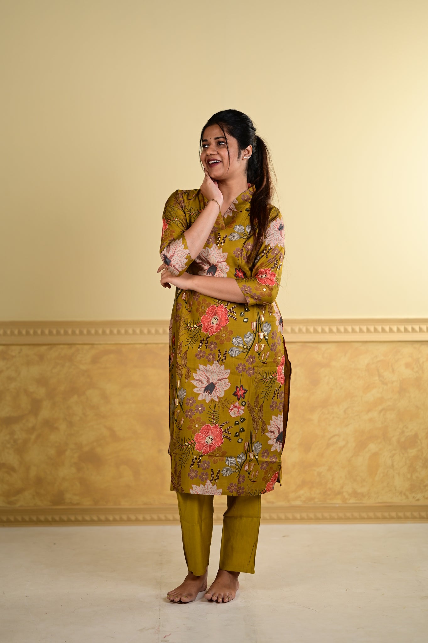 Navya floral kurti set in mustard yellow