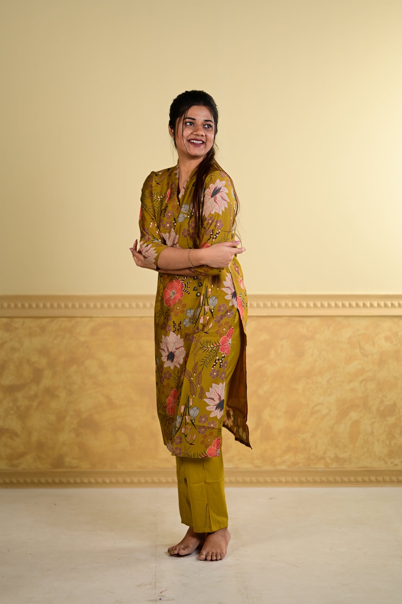 Navya floral kurti set in mustard yellow