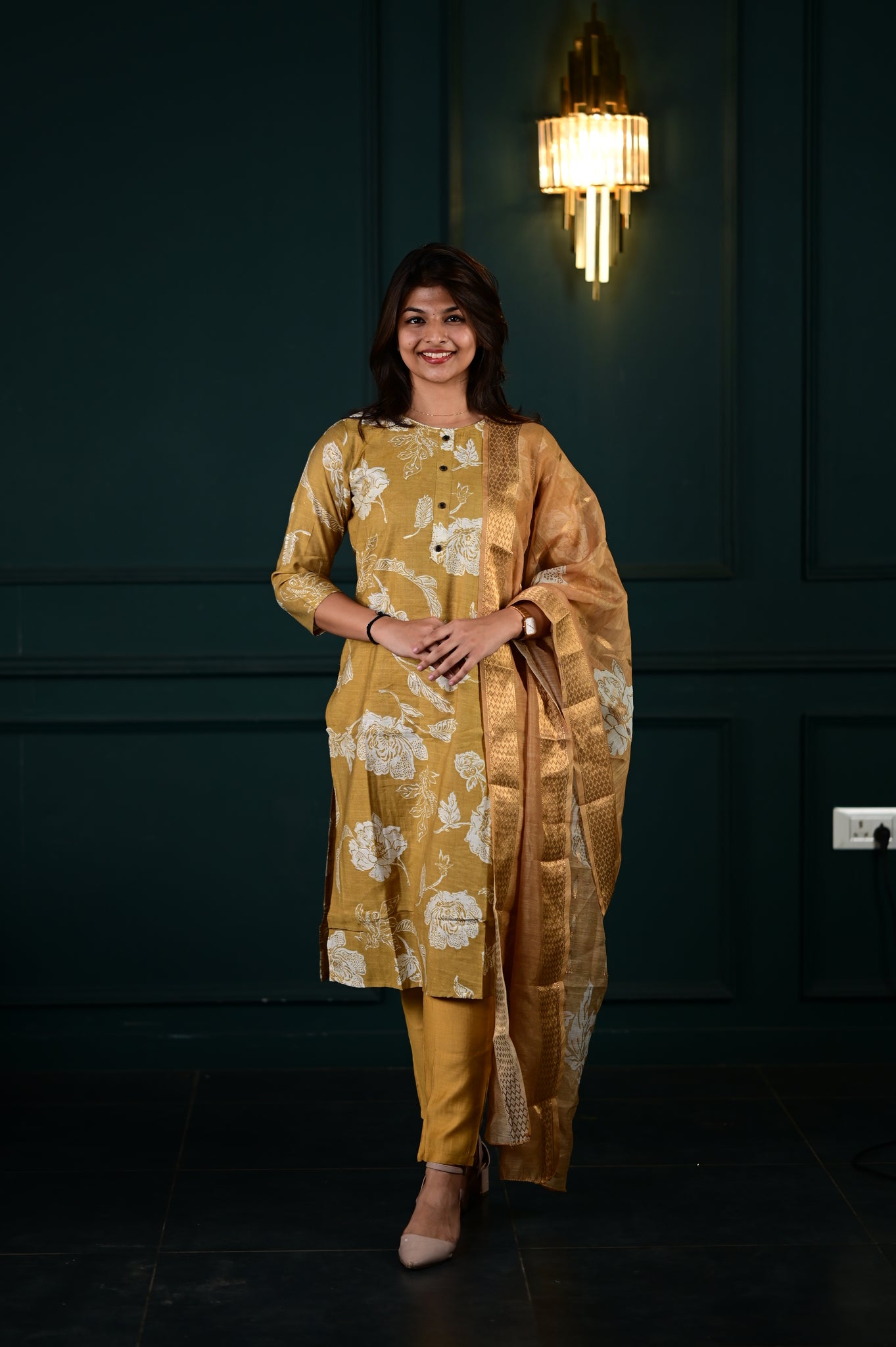 Shreya salwar set in antique gold in vertican fabric