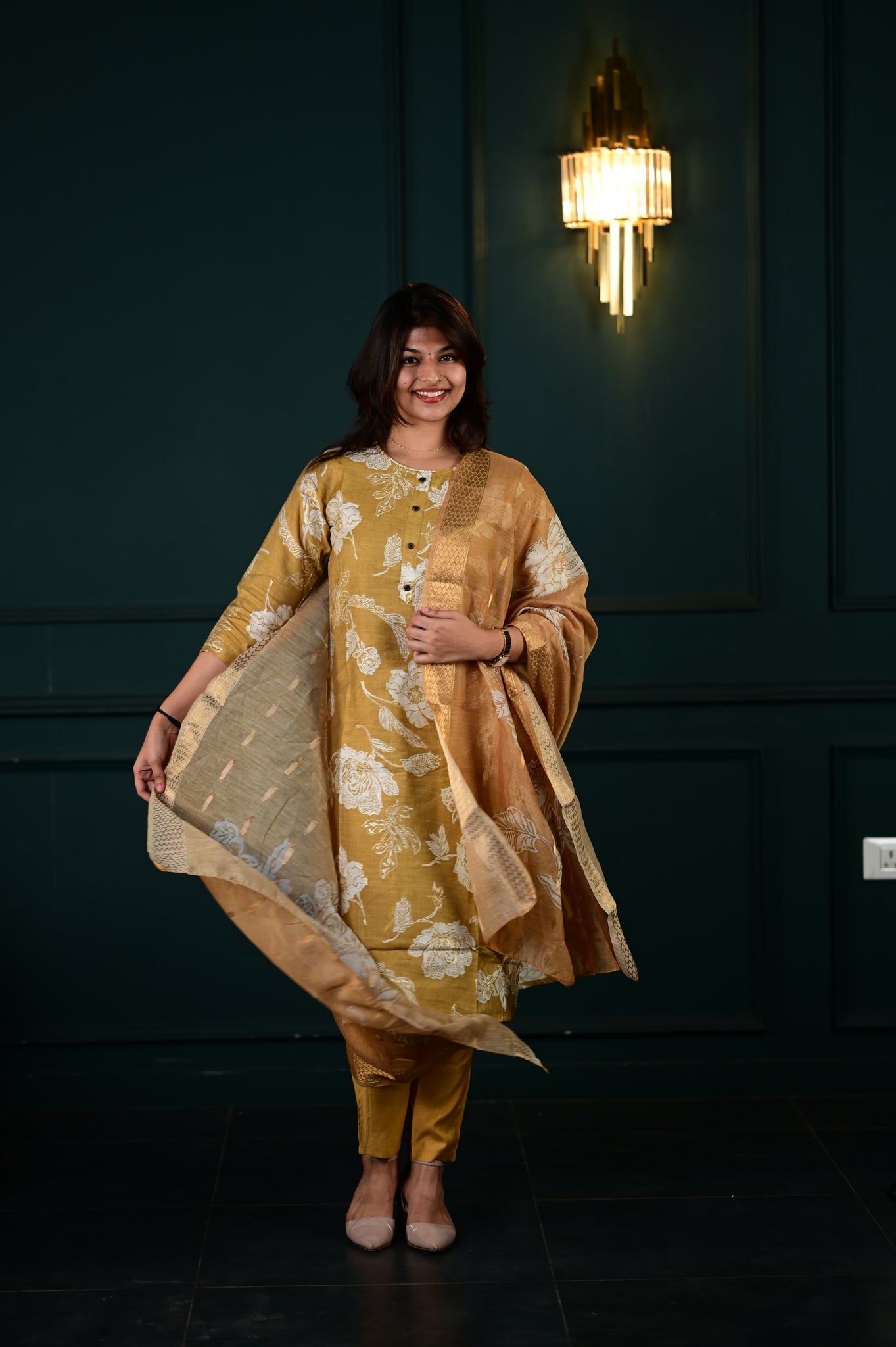 Shreya salwar set in antique gold in vertican fabric