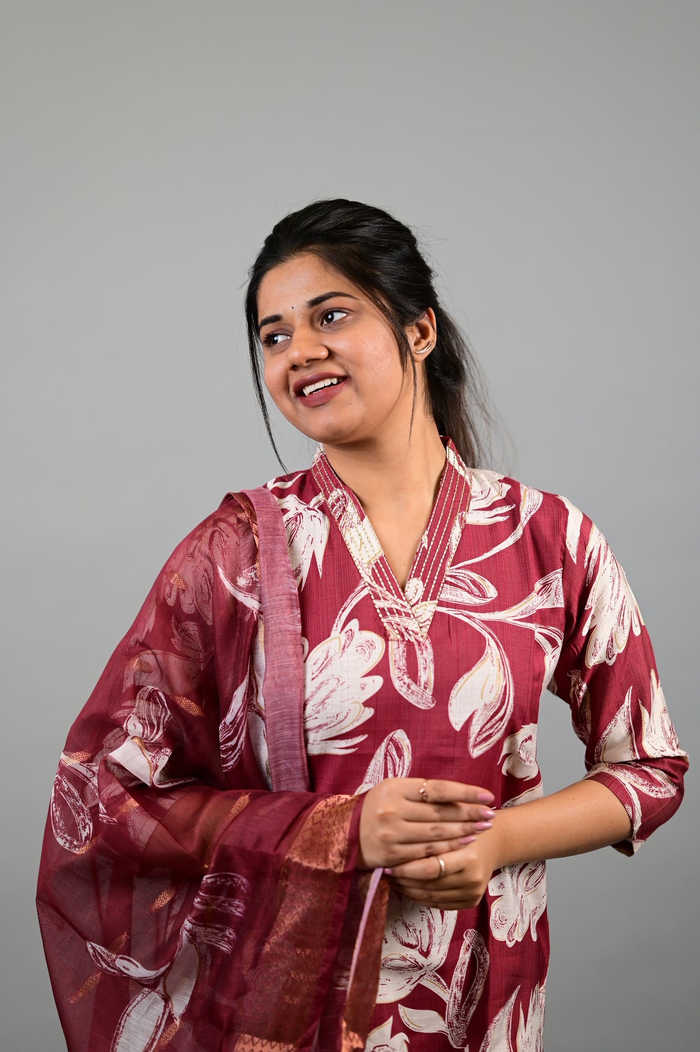 Sahithya salwar set in vintage marooon in vertican fabric