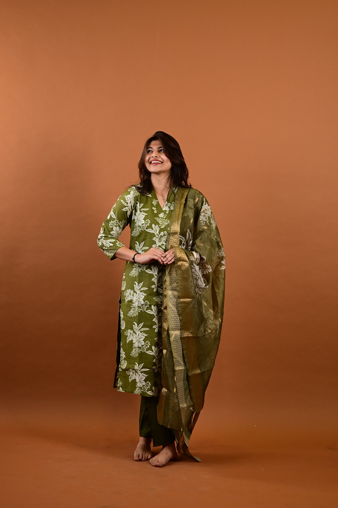 Revathi salwar set in olive green in vertican fabric