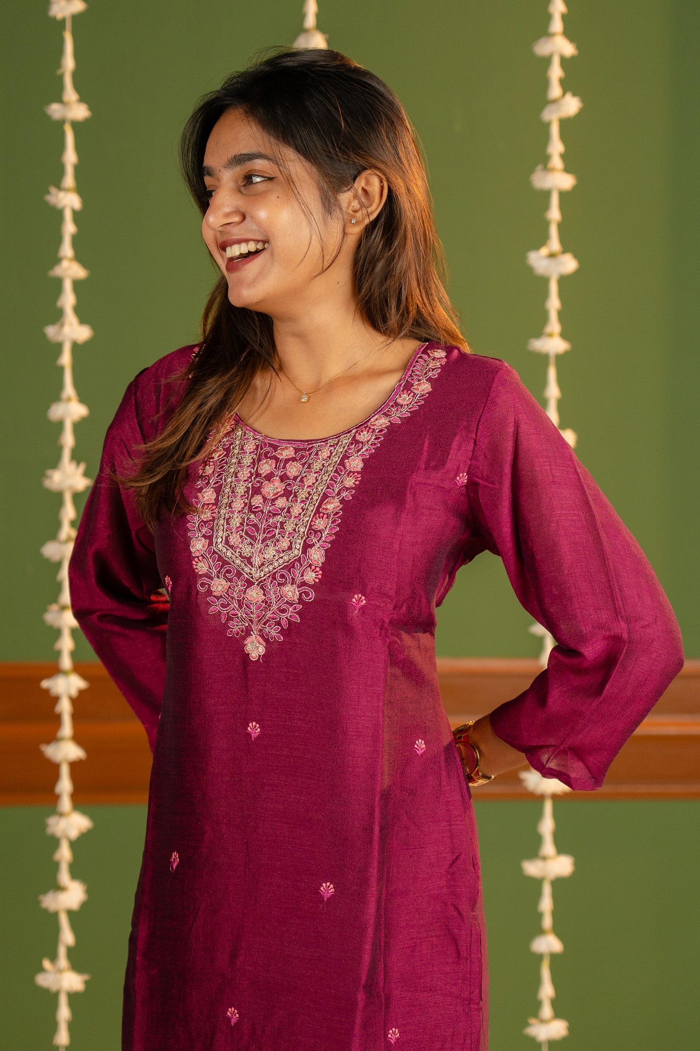 Meenakshi kurti in wine gold-toned threads