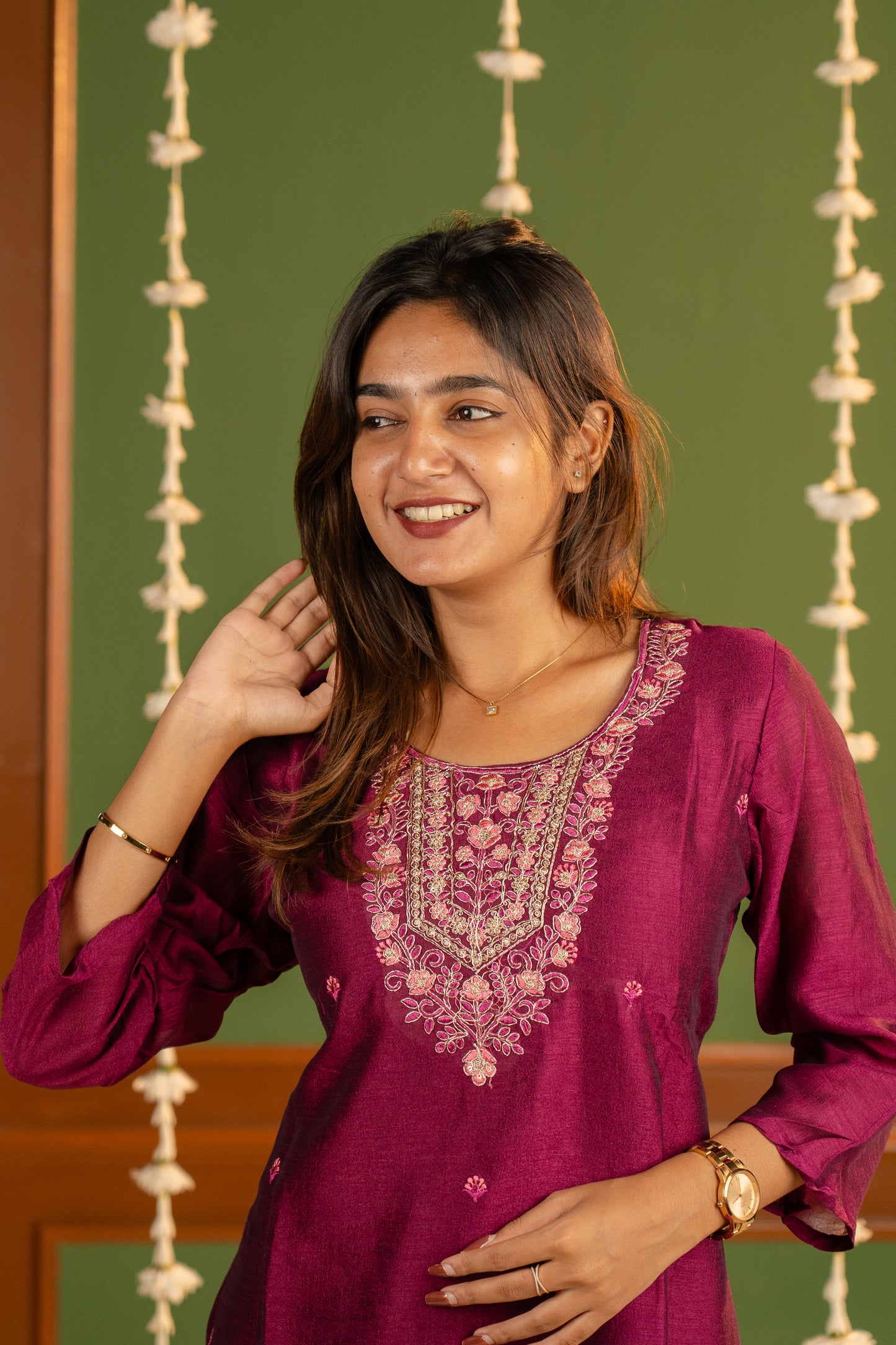 Meenakshi kurti in wine gold-toned threads