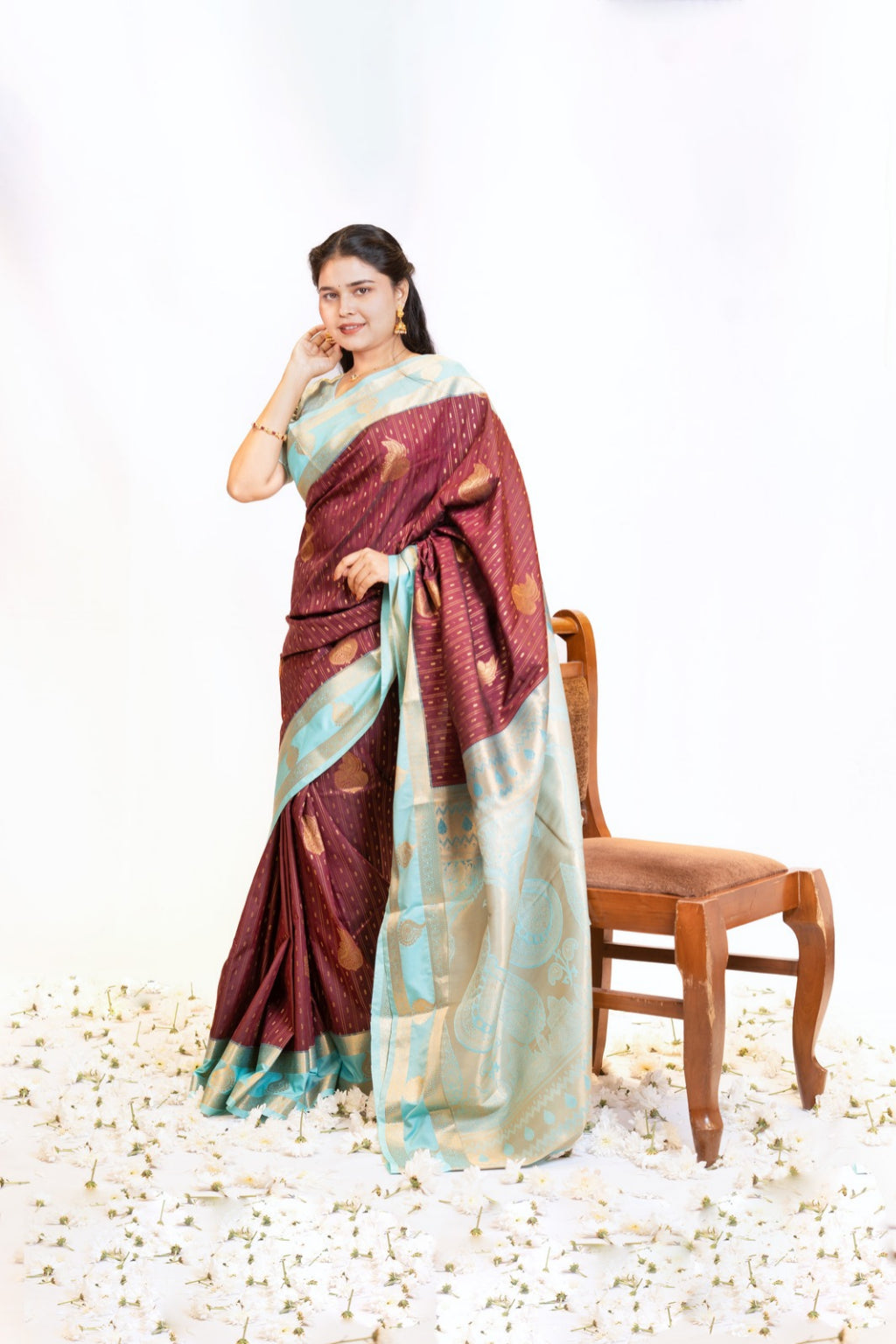Black Cherry Art Silk Saree with Mint Teal Border