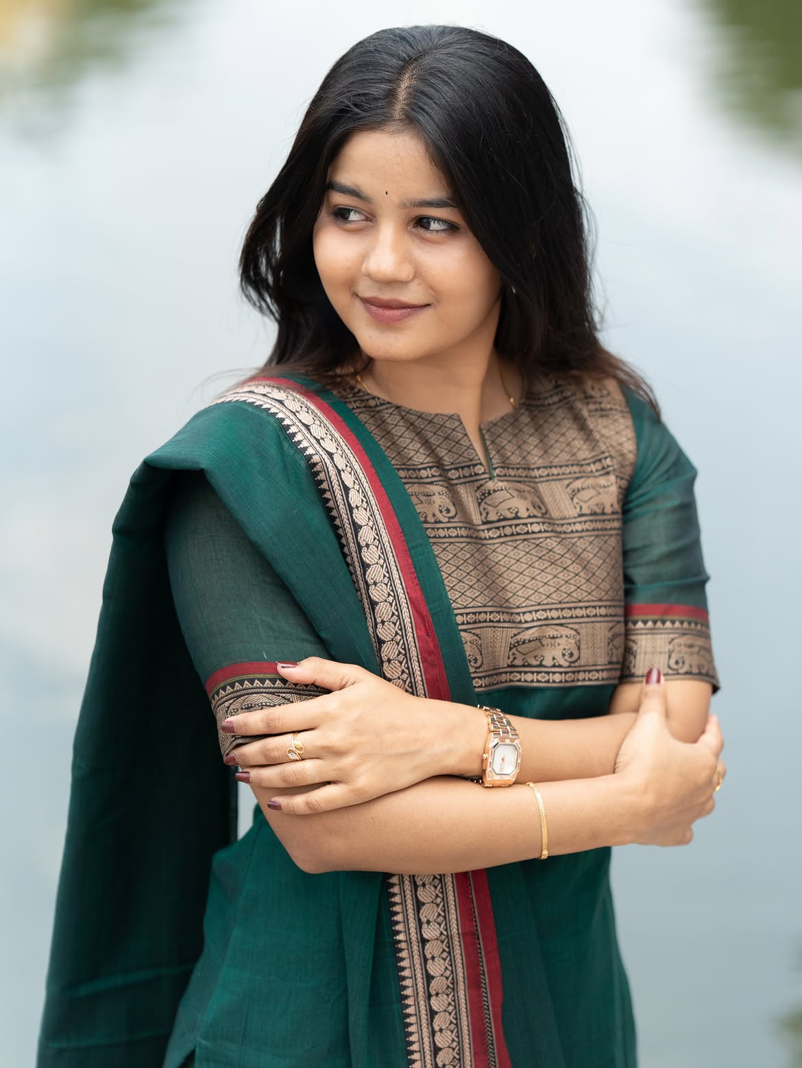 viha Green & Black narayanpet cotton top with lininig & dupatta