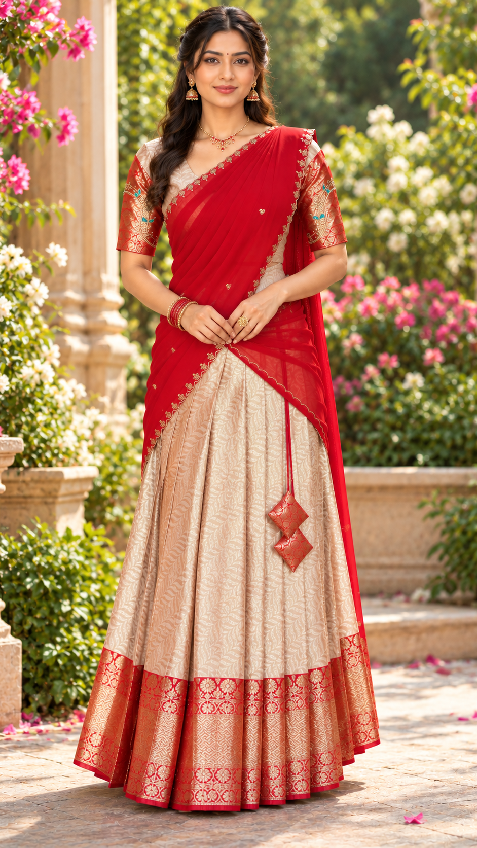 Janvi Peach & Tomato Red Varnasi Jacquard Half Saree Set