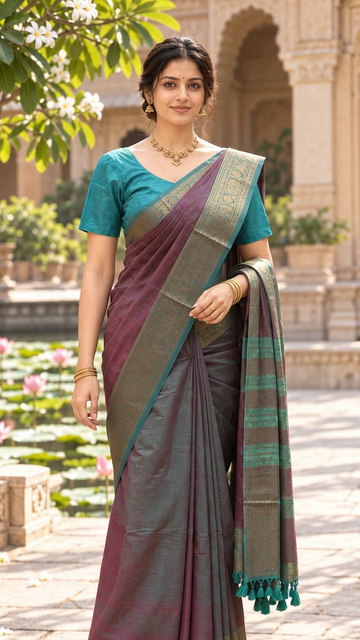 Manimegalai Sage Green & Muted Maroon Dual-Tone Cotton Saree with Elephant & Peacock Motifs