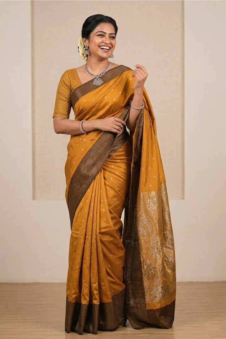 Mustard gold Belgaum silk saree with a Vaira Oosi border