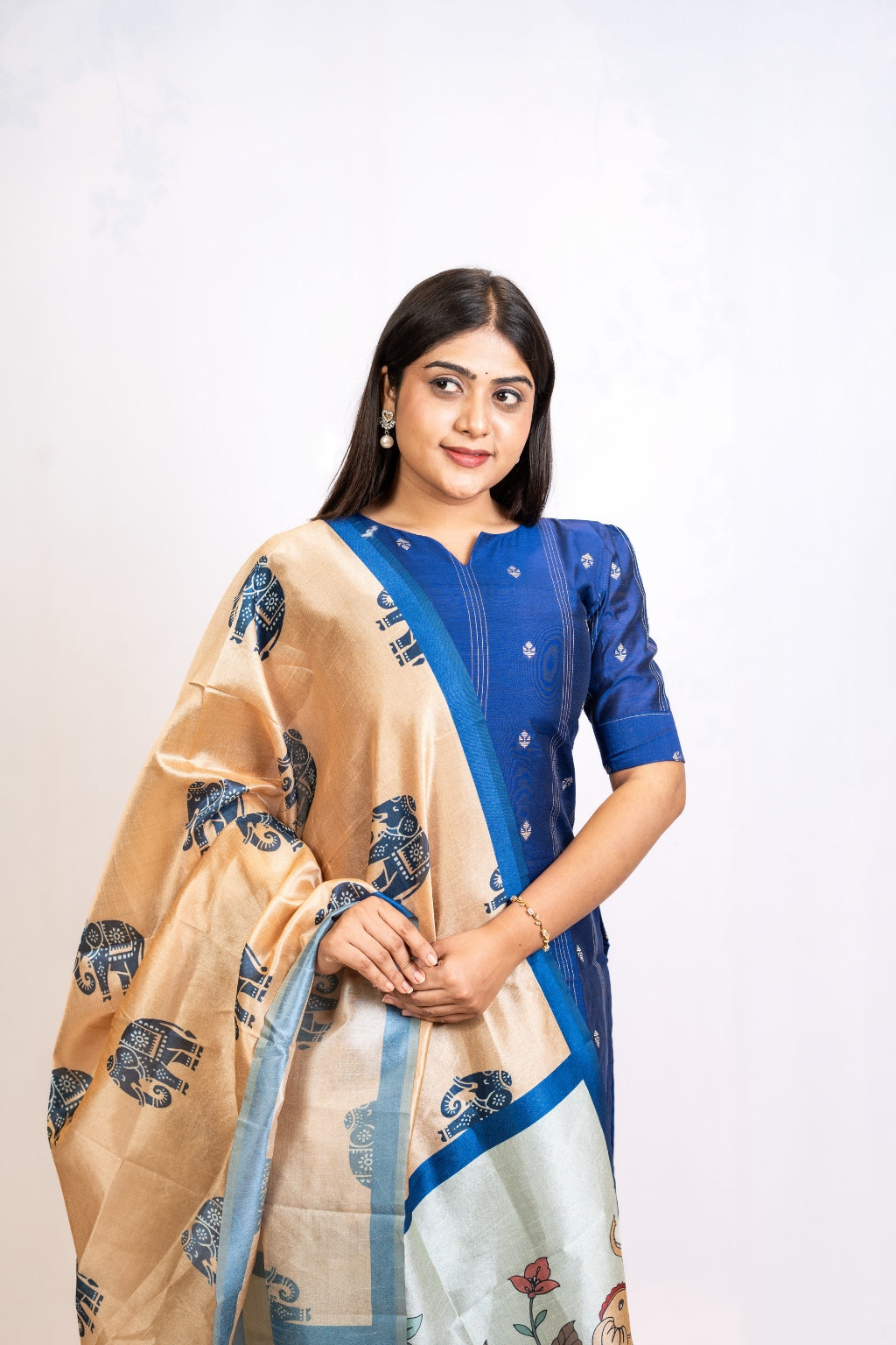 Inayal Ink Blue Top & Khaki Pant with Dupatta – Silk Cotton with Lining