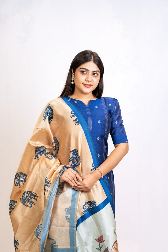 Inayal Ink Blue Top & Khaki Pant with Dupatta – Silk Cotton with Lining