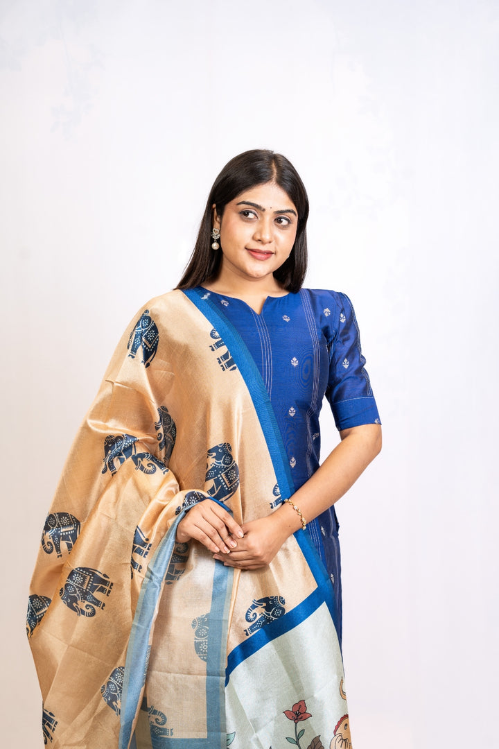 Inayal Ink Blue Top & Khaki Pant with Dupatta – Silk Cotton with Lining