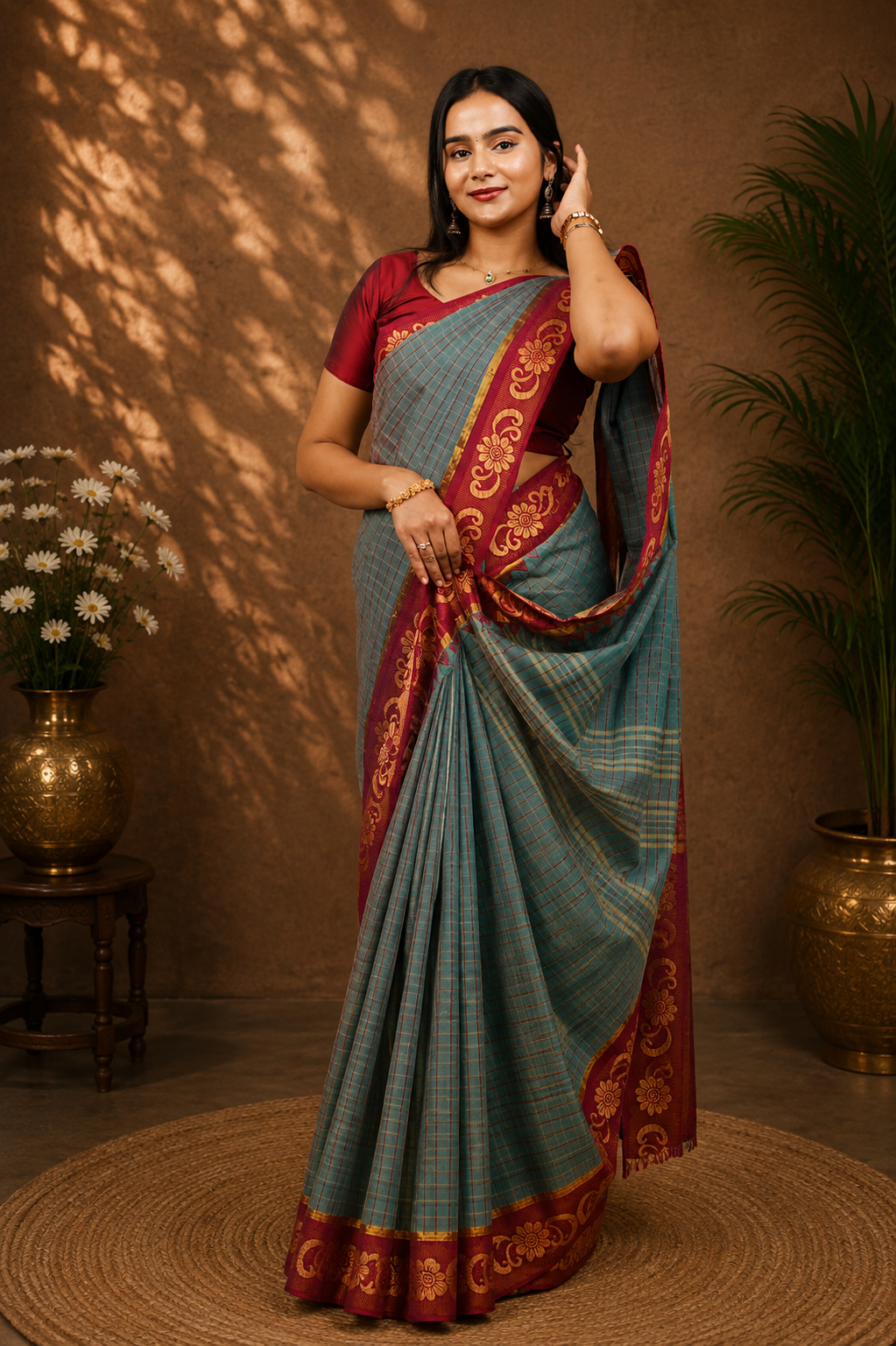 Kadal meengal Karaikudi cotton saree in teal green with ruby red border