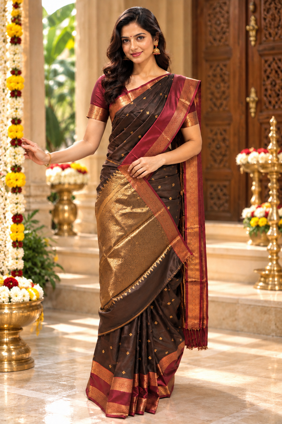 Plum and Antique Gold Arani Silk Saree