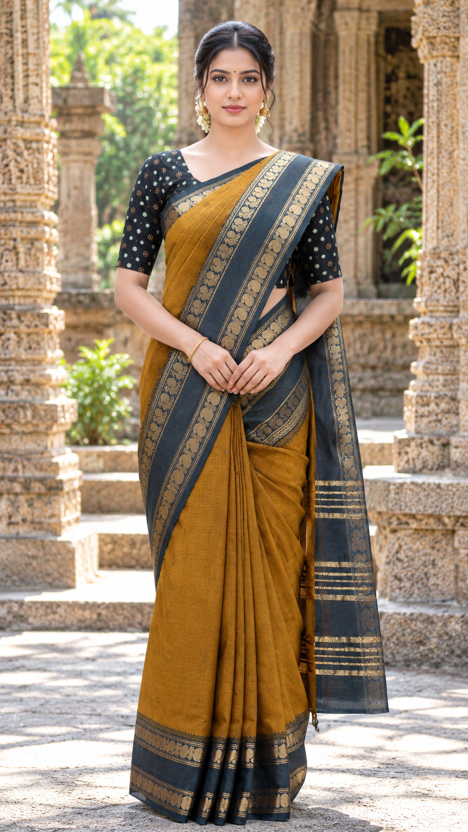 Malar Golden Honey Cotton Saree with Black Annam & Mango Border