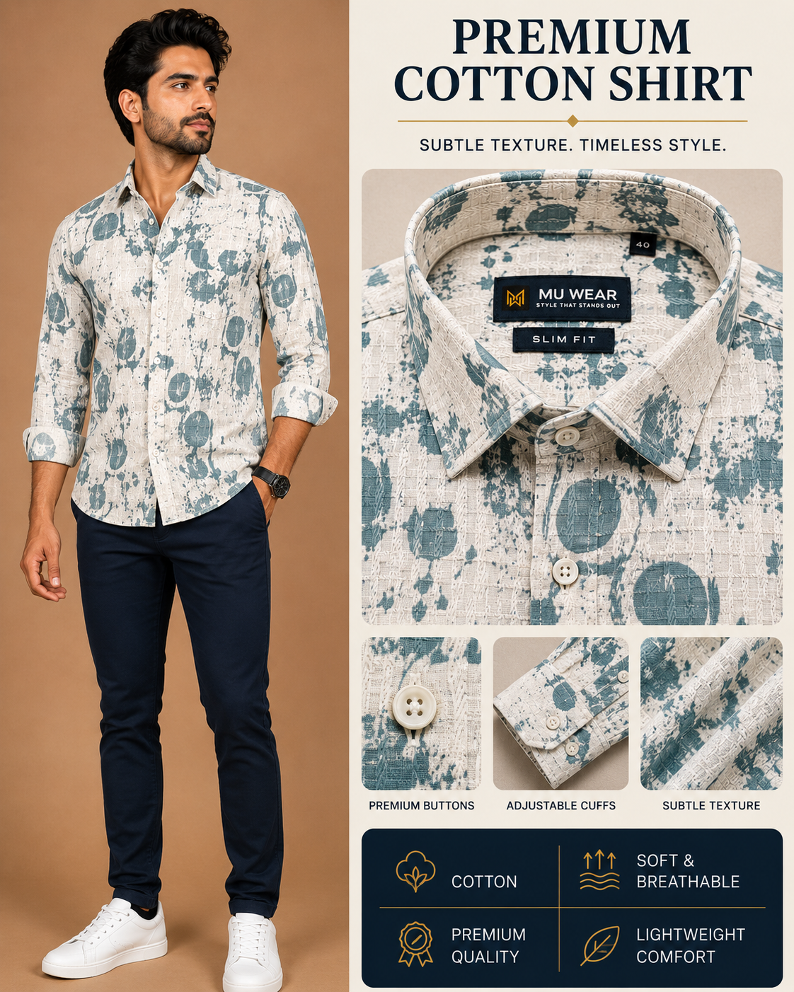 Men's full sleeve cotton shirt in ash teal blue