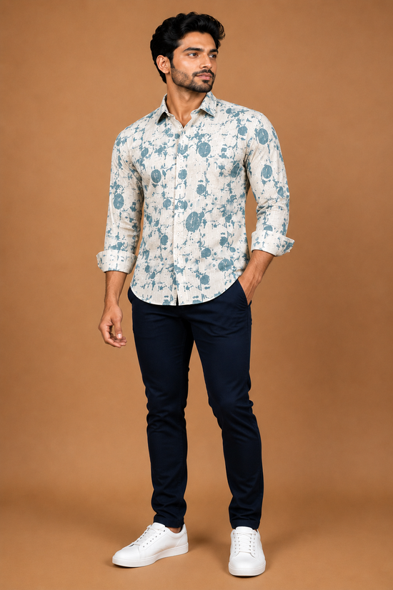 Men's full sleeve cotton shirt in ash teal blue