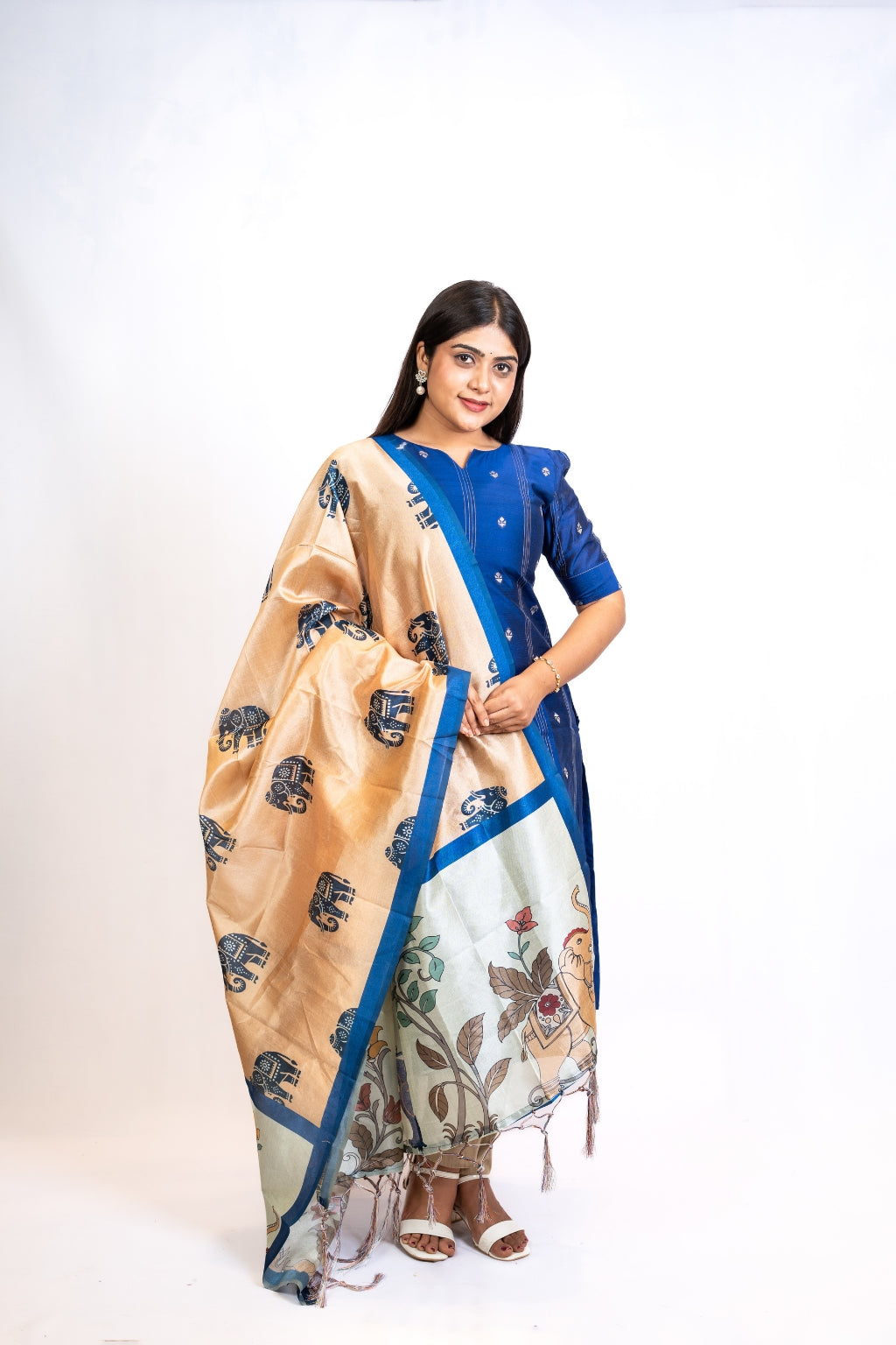 Inayal Ink Blue Top & Khaki Pant with Dupatta – Silk Cotton with Lining