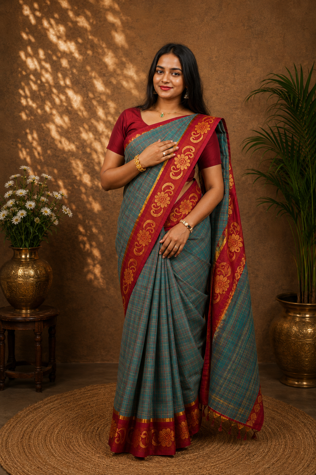 Kadal meengal Karaikudi cotton saree in teal green with ruby red border