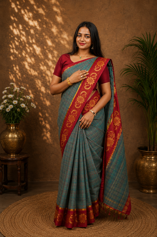 Kadal meengal Karaikudi cotton saree in teal green with ruby red border