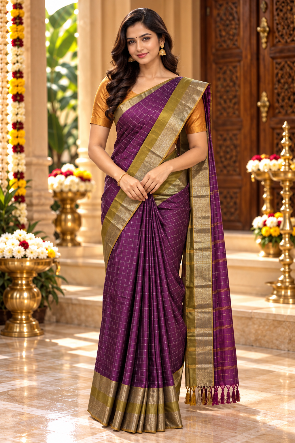 Plum and Antique Gold Arani Silk Saree