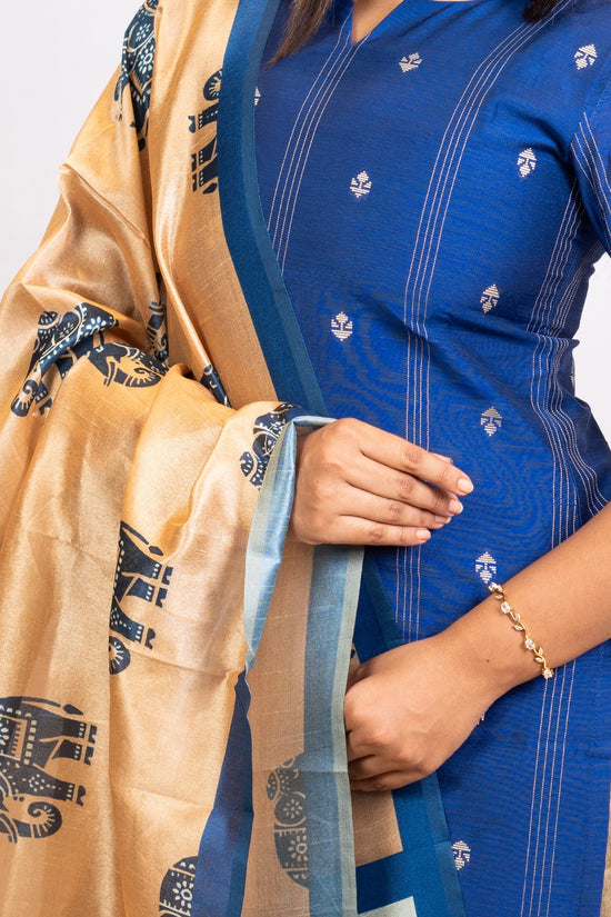Inayal Ink Blue Top & Khaki Pant with Dupatta – Silk Cotton with Lining