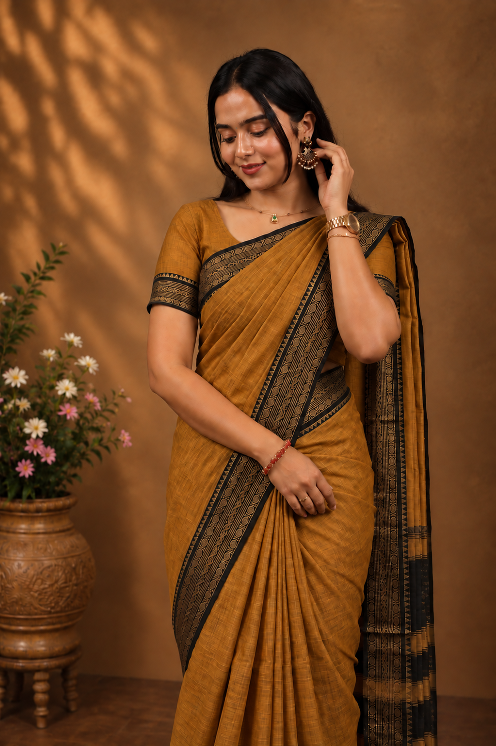 Kadal meengal Karaikudi cotton saree in dark amber