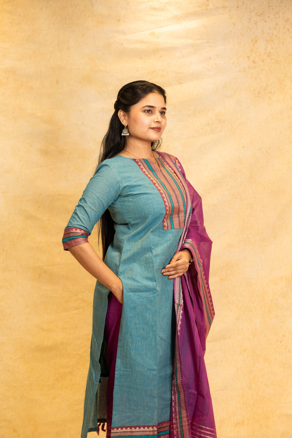 Aadhya Teal Blue Top, Orchid Purple Pant and Dupatta – Handloom Cotton with Lining