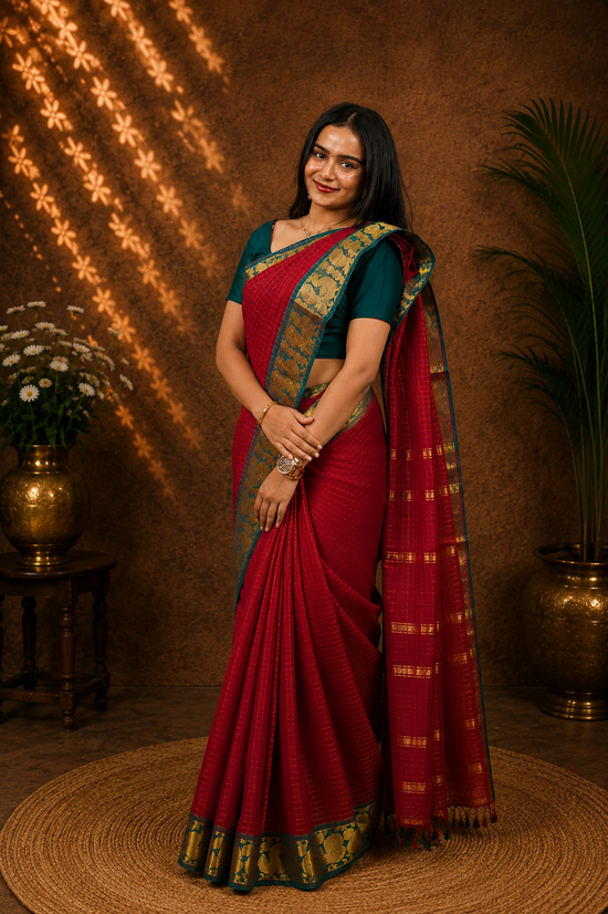 Kadal meengal Karaikudi cotton saree in maroon with peacock border