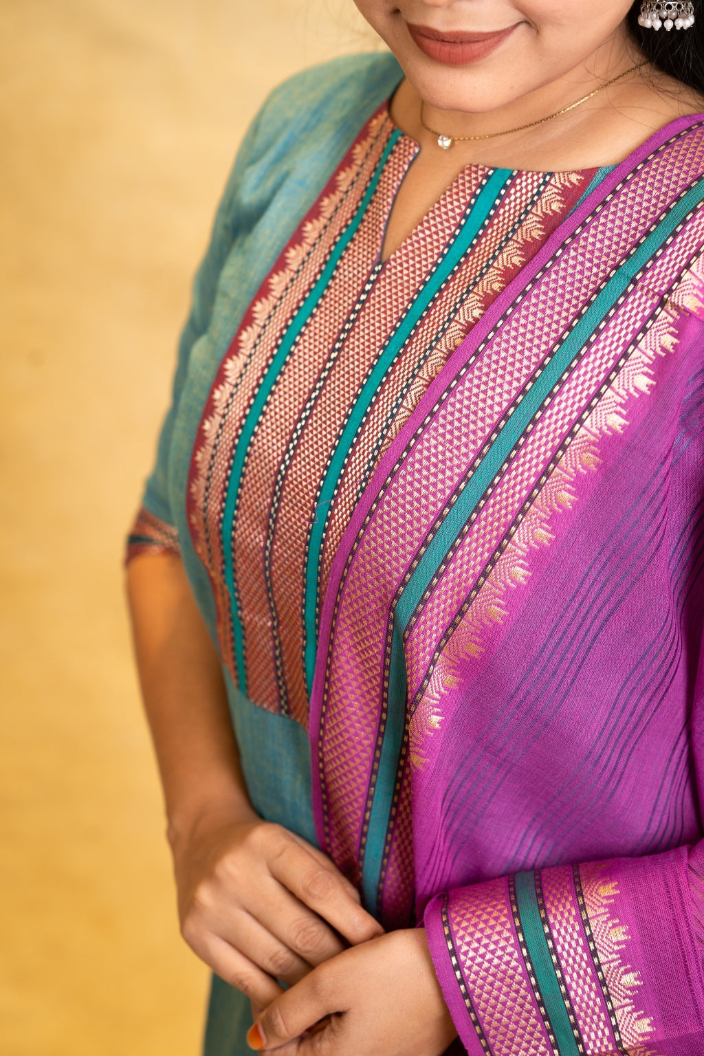 Aadhya Teal Blue Top, Orchid Purple Pant and Dupatta – Handloom Cotton with Lining