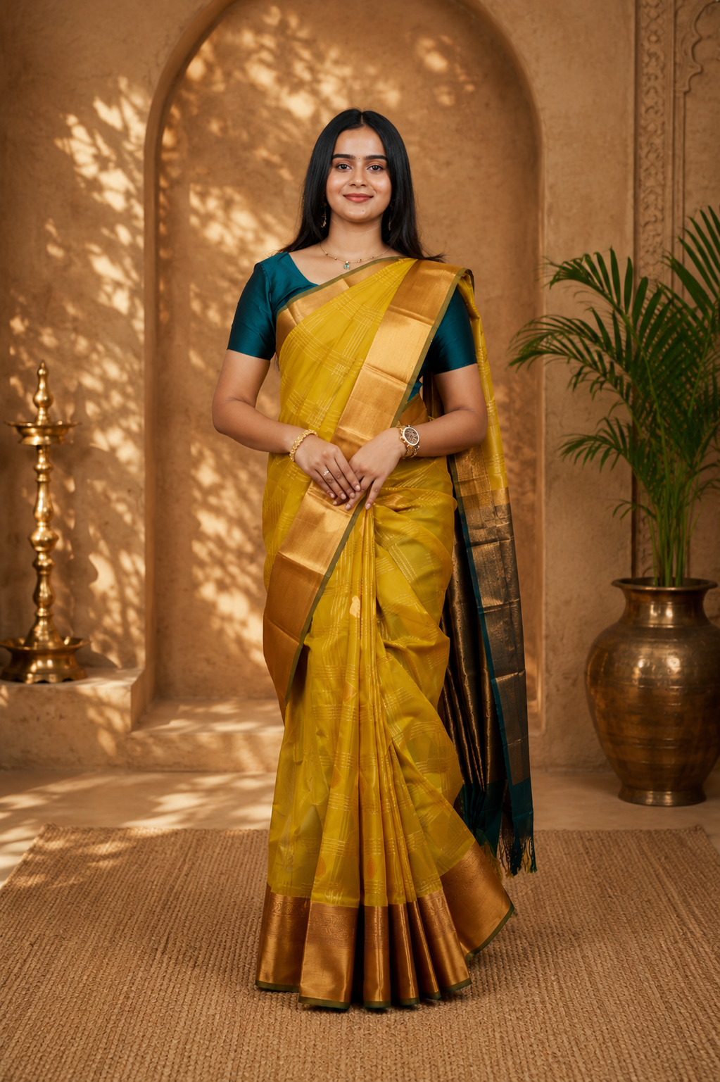Silk cotton saree in amber with emerald green border