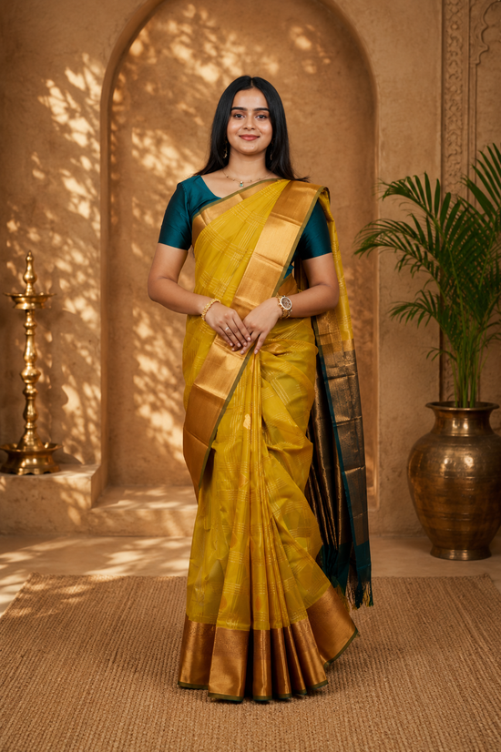 Silk cotton saree in amber with emerald green border