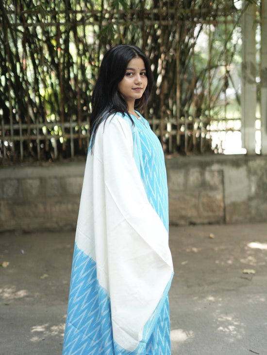Yamuna Sky Blue Ikat Cotton Salwar Set with Elegant White Dupatta