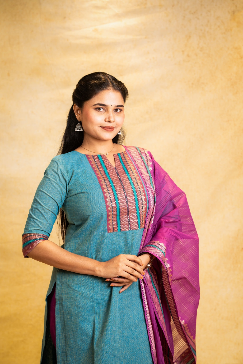Aadhya Teal Blue Top, Orchid Purple Pant and Dupatta – Handloom Cotton with Lining