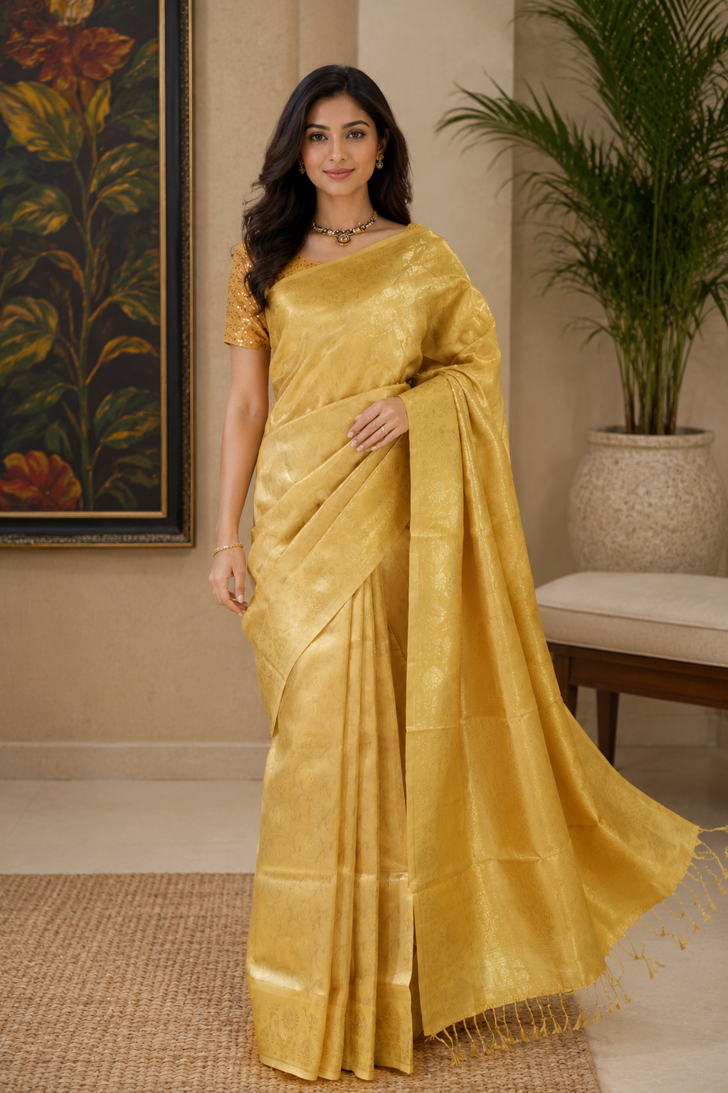 Synthetic saree in gold shade