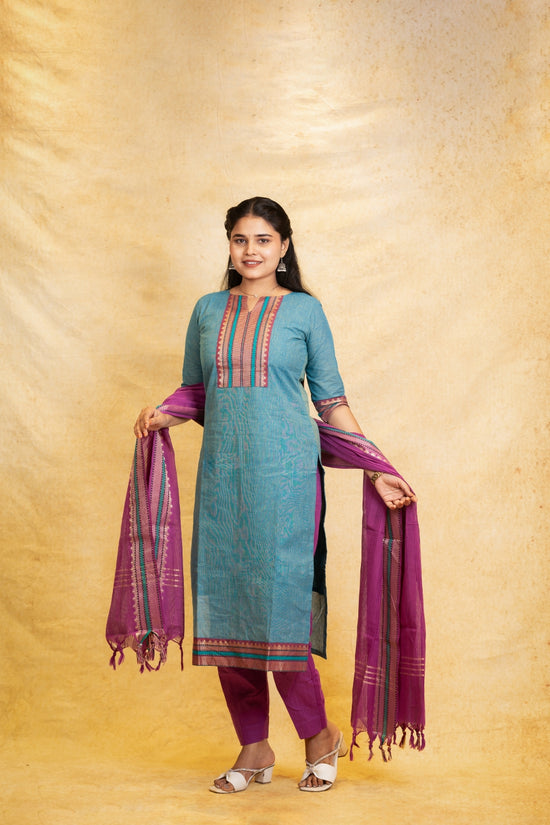 Aadhya Teal Blue Top, Orchid Purple Pant and Dupatta – Handloom Cotton with Lining