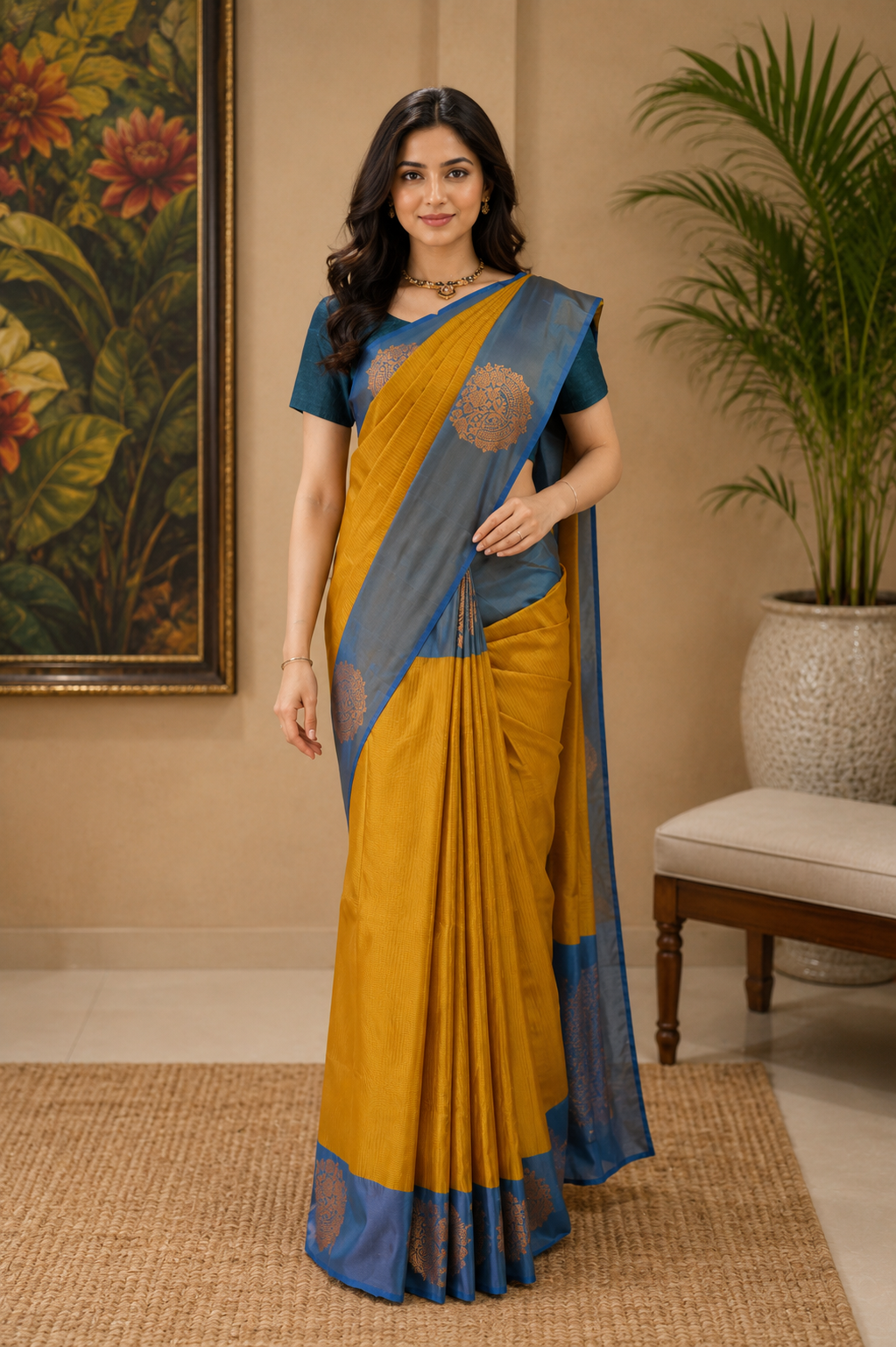 Art pure silk in golden green with steel blue