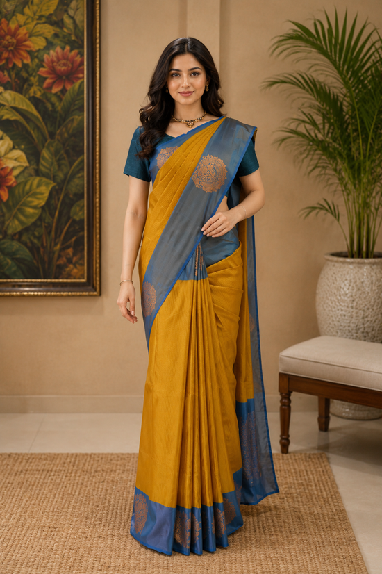 Art pure silk in golden green with steel blue
