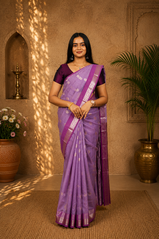 Silk cotton saree in traditional butta lilac with lavender border