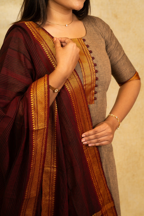 Janani Brown Top, Dark Maroon Pant and Dupatta – Handloom Cotton with Lining