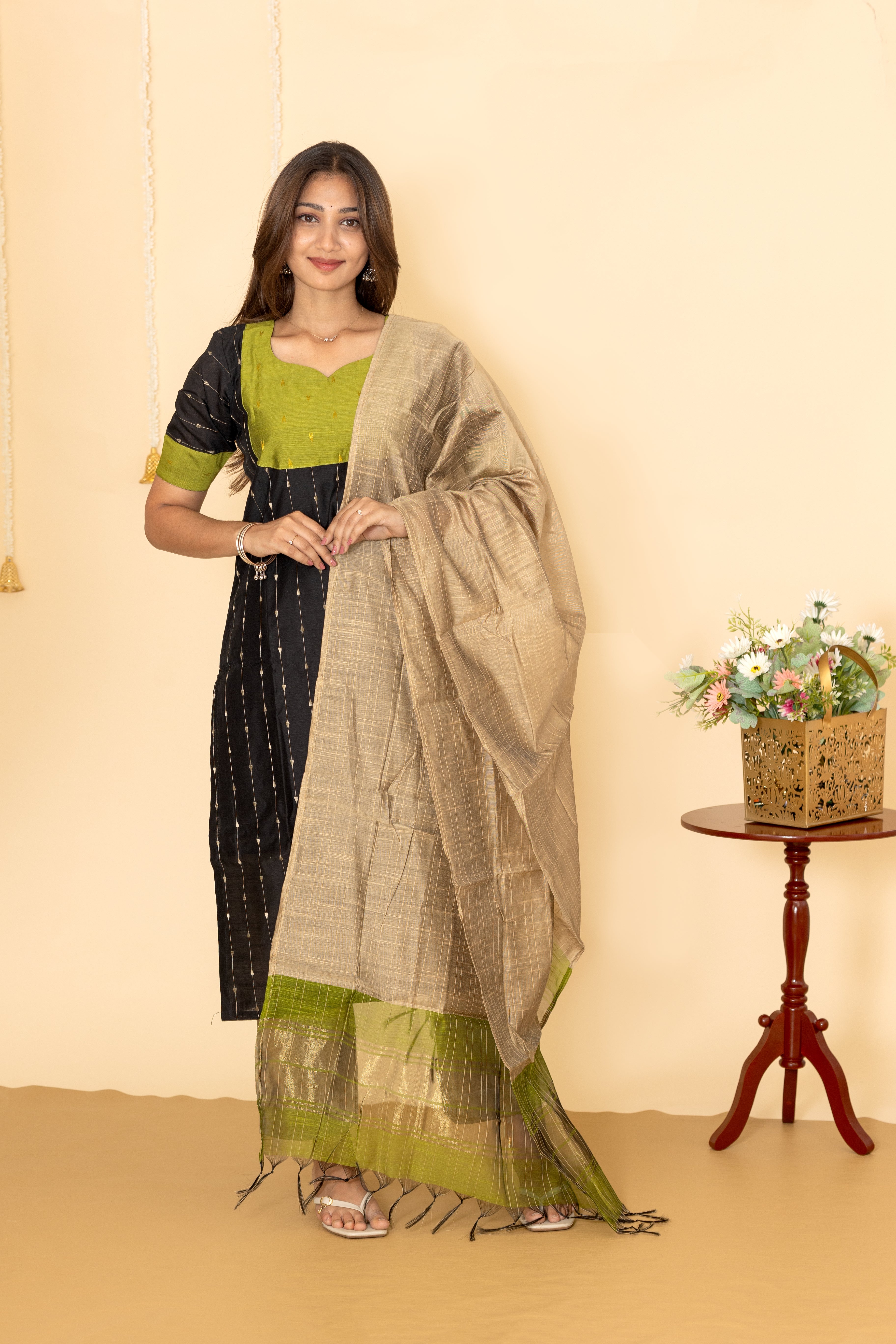 Aira salwar set in charcoal black and olive green
