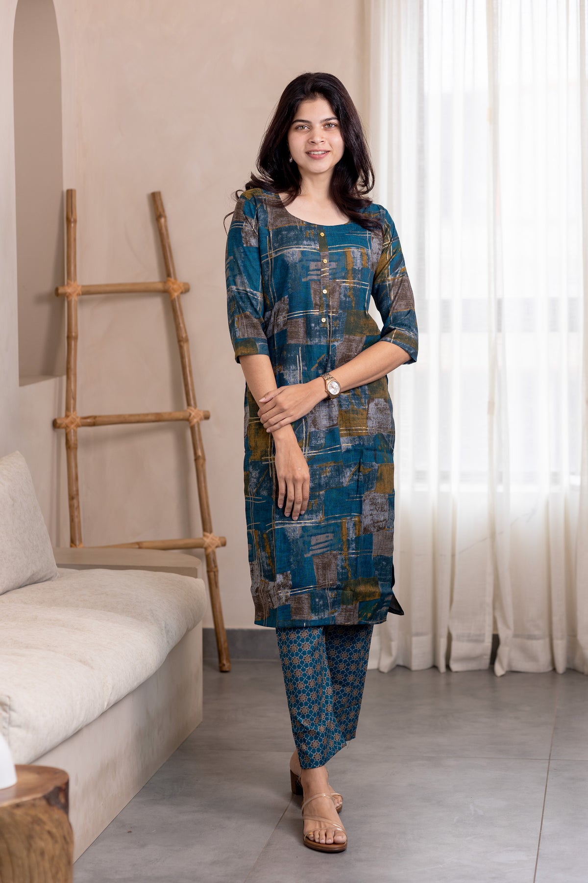Megha kurti set in blue with multicolor design