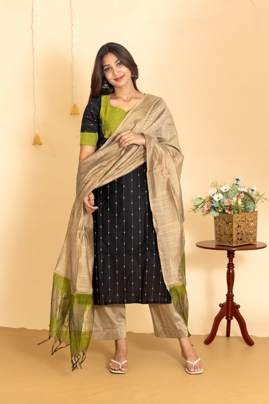 Aira salwar set in charcoal black and olive green
