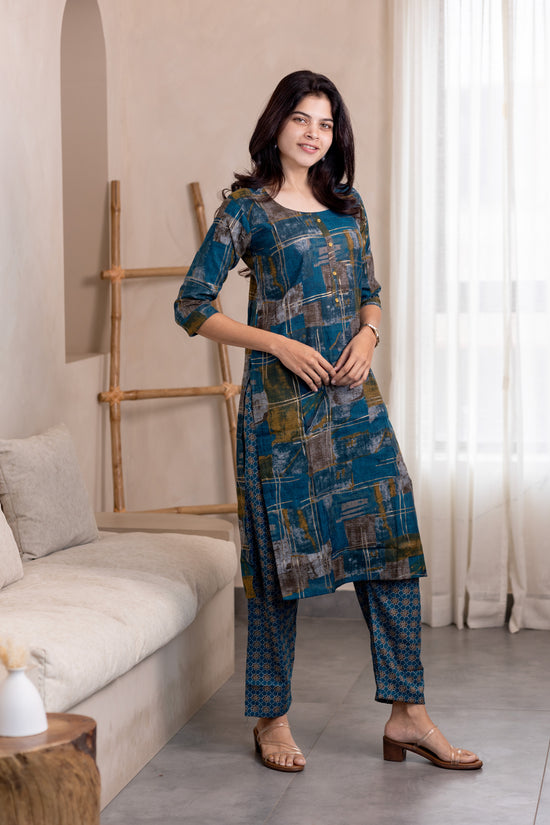 Megha kurti set in blue with multicolor design