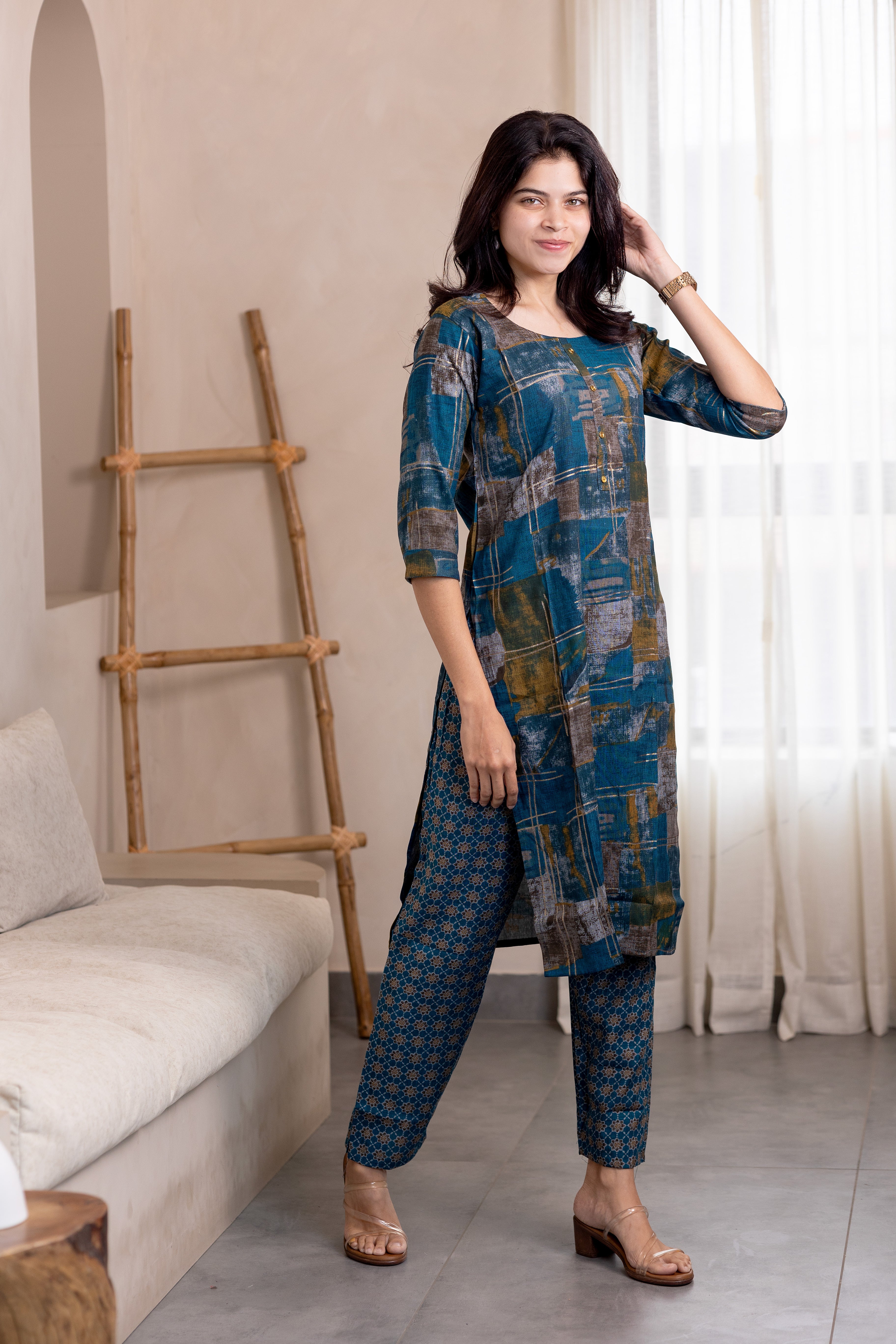 Megha kurti set in blue with multicolor design