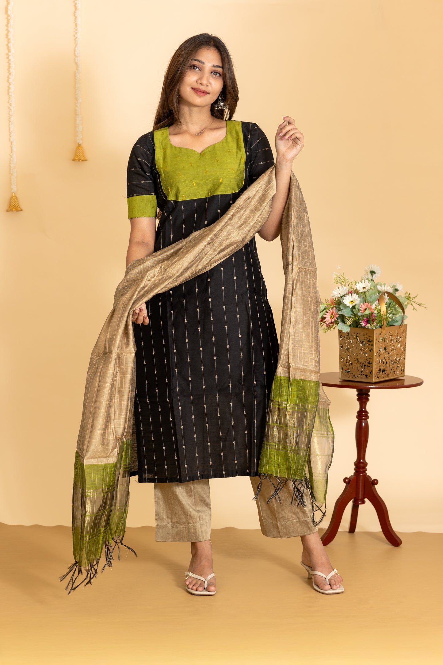 Aira salwar set in charcoal black and olive green