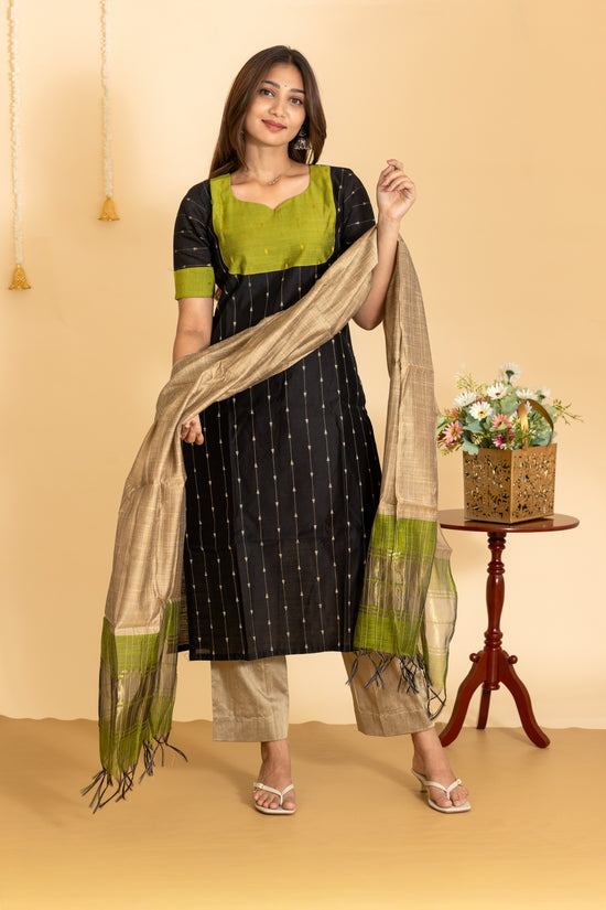 Aira salwar set in charcoal black and olive green
