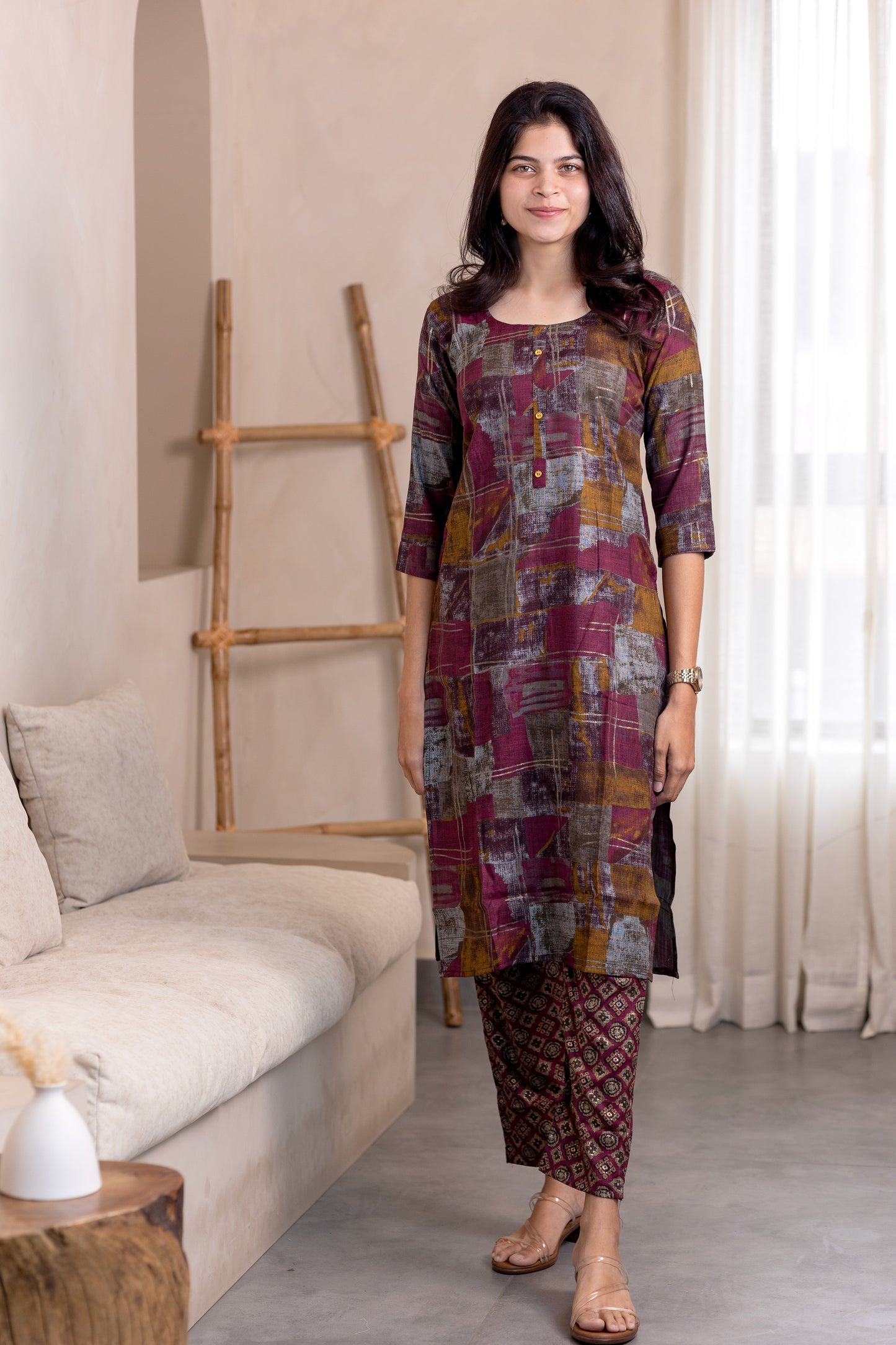 Megha kurti set in maroon with multicolor design