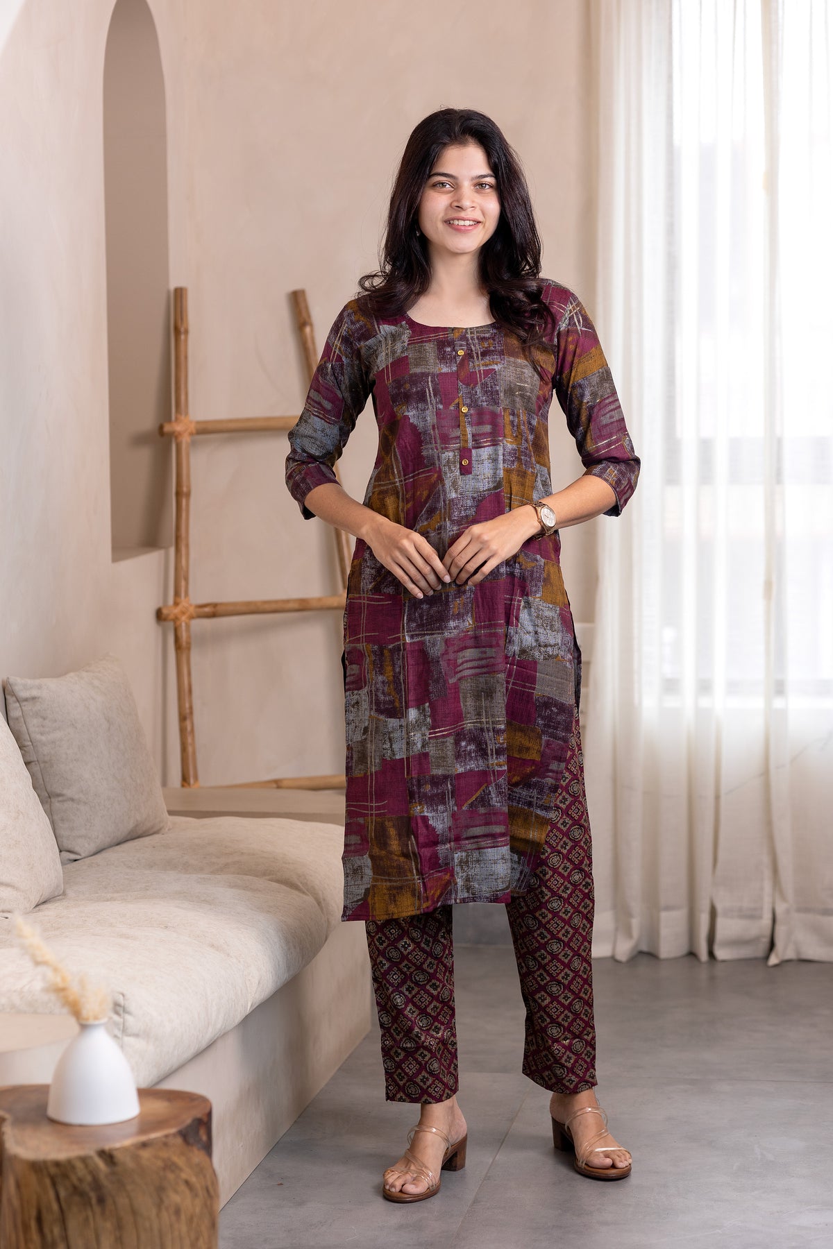 Megha kurti set in maroon with multicolor design