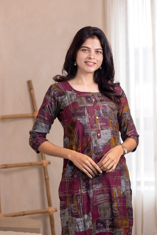 Megha kurti set in maroon with multicolor design